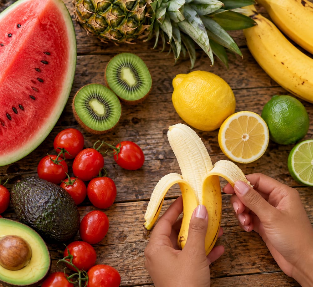 Fresh fruit and vegetables on a wooden table