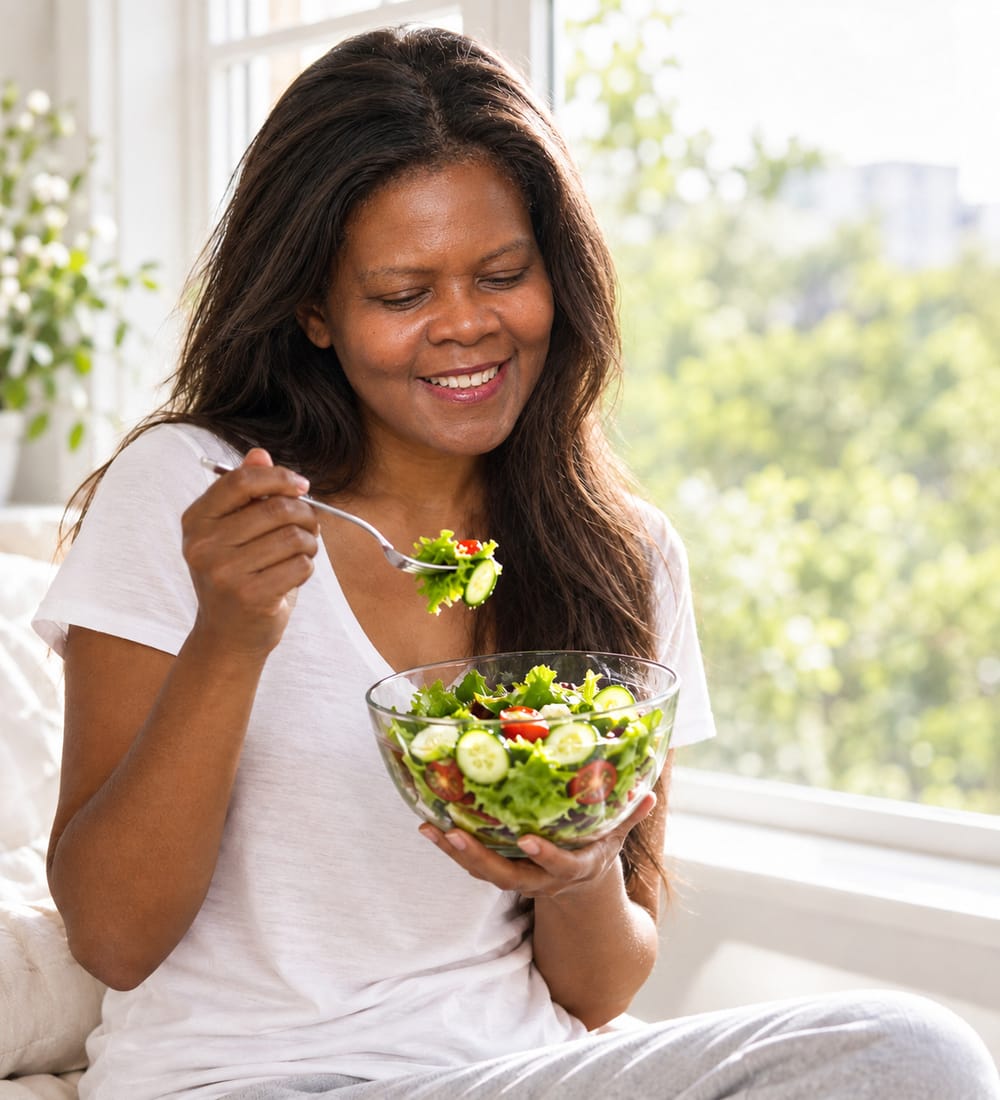 Woman eating a fresh salad by a window