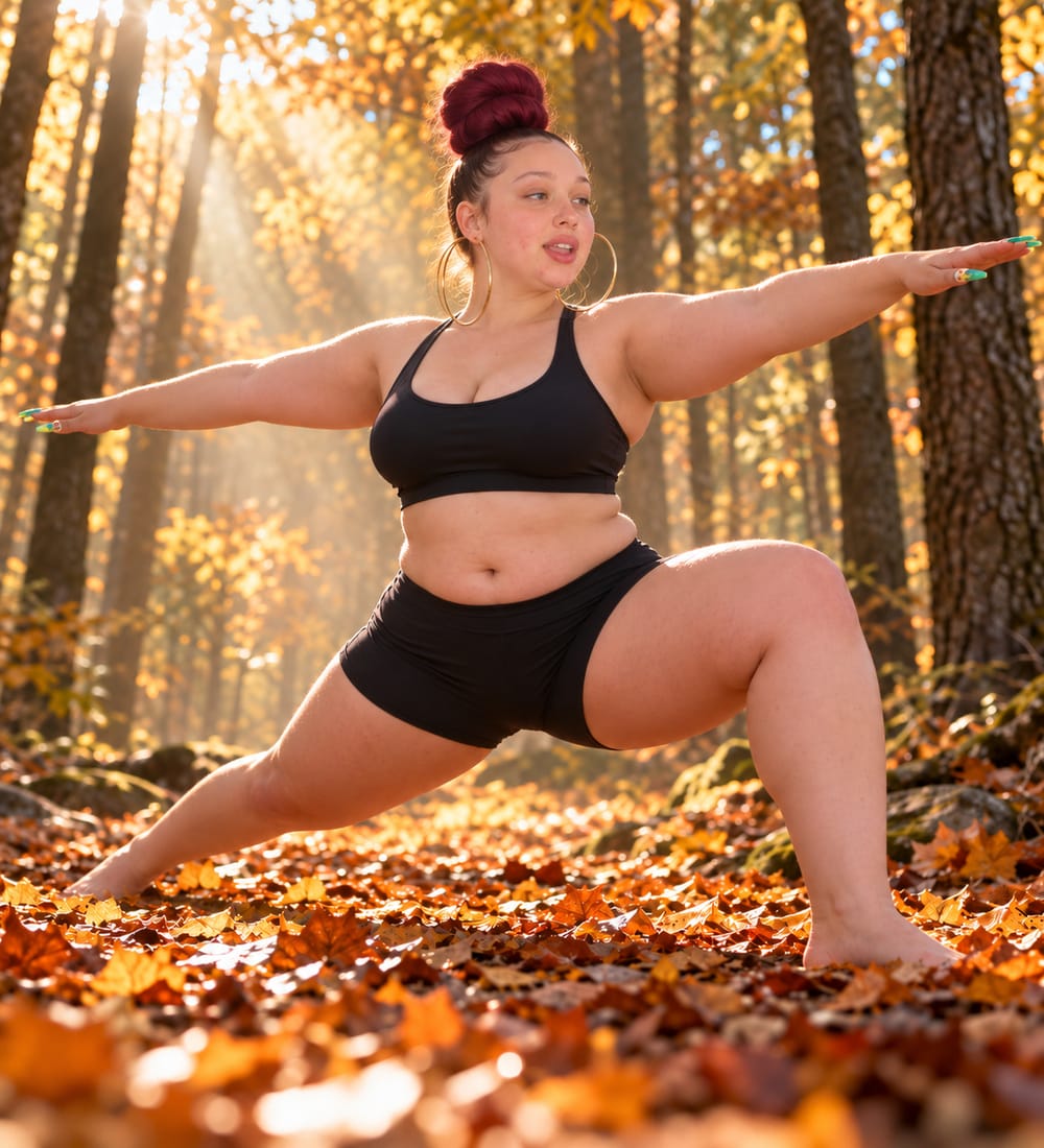 Woman stretching outdoors in a sunlit forest